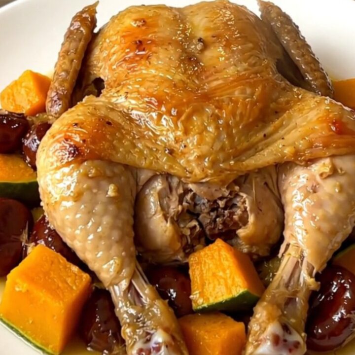 A top-down view of slow cooker chicken legs with pumpkin and chestnuts in a black ceramic pot.
