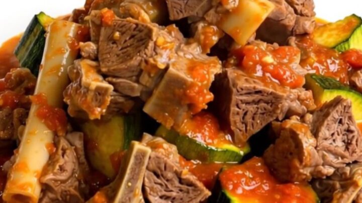 Slow cooker lamb stew with zucchini and tomatoes served in a bowl.