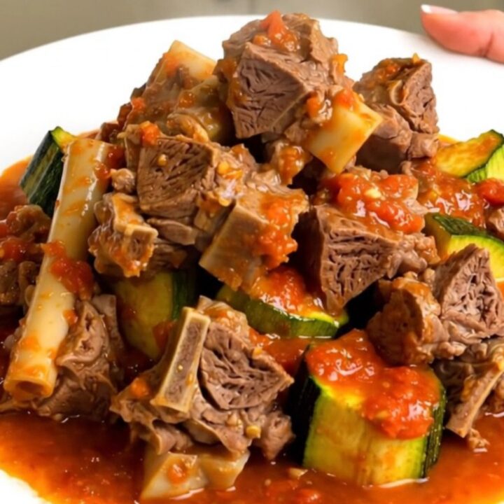 Slow cooker lamb stew with zucchini and tomatoes served in a bowl.