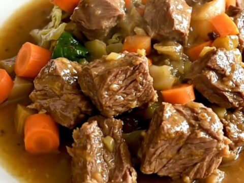 A steaming, rustic potée bourguignonne served on a white plate with visible chunks of pork and root vegetables.