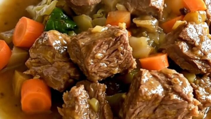 A steaming, rustic potée bourguignonne served on a white plate with visible chunks of pork and root vegetables.
