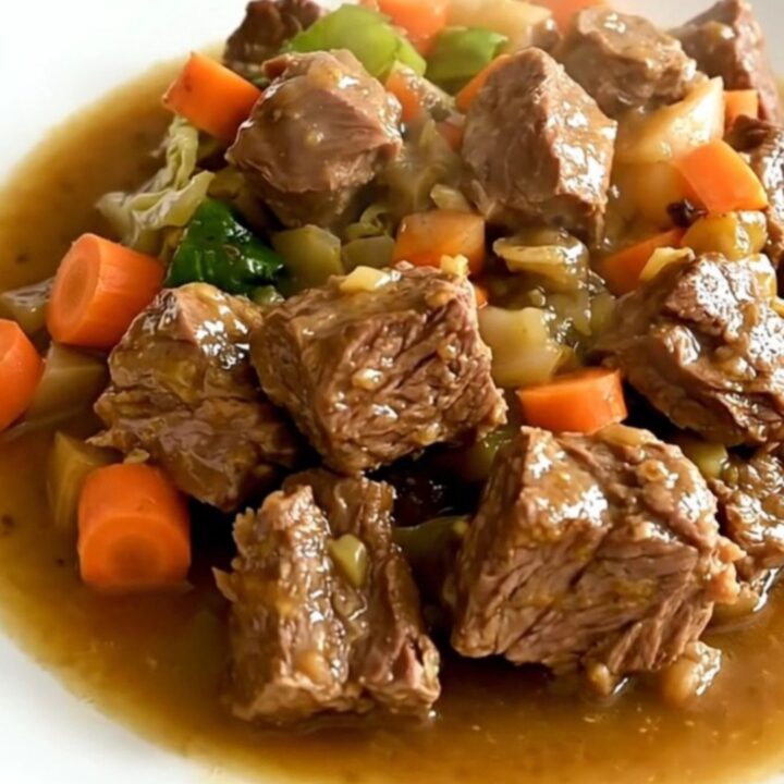 A steaming, rustic potée bourguignonne served on a white plate with visible chunks of pork and root vegetables.