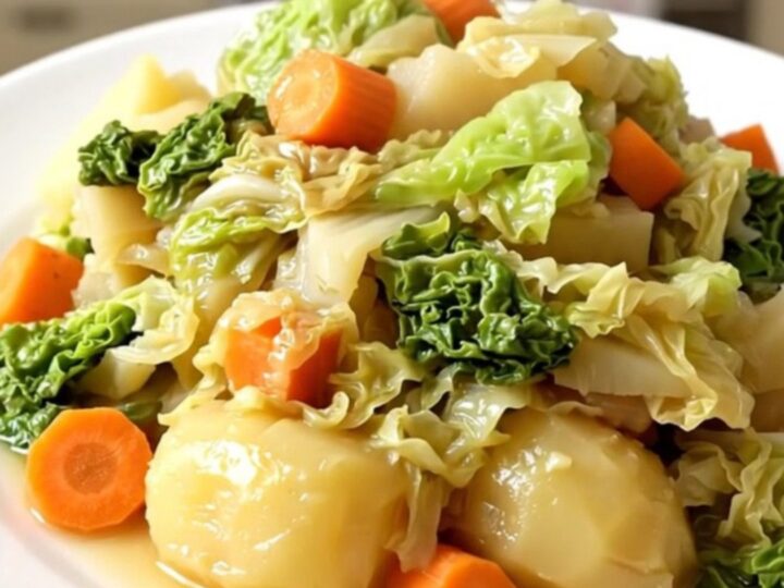 A top-down view of a black slow cooker filled with layers of shredded Savoy cabbage, potato wedges, and sliced carrots.