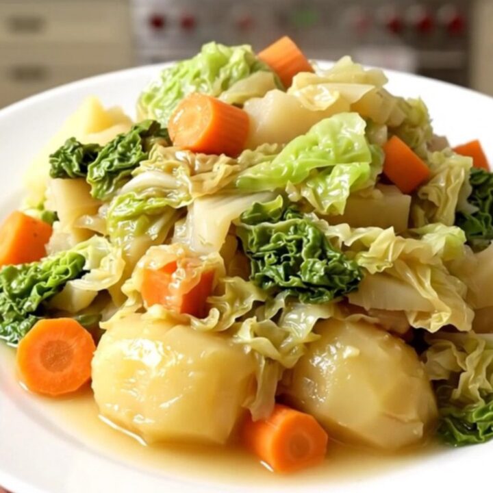 A top-down view of a black slow cooker filled with layers of shredded Savoy cabbage, potato wedges, and sliced carrots.
