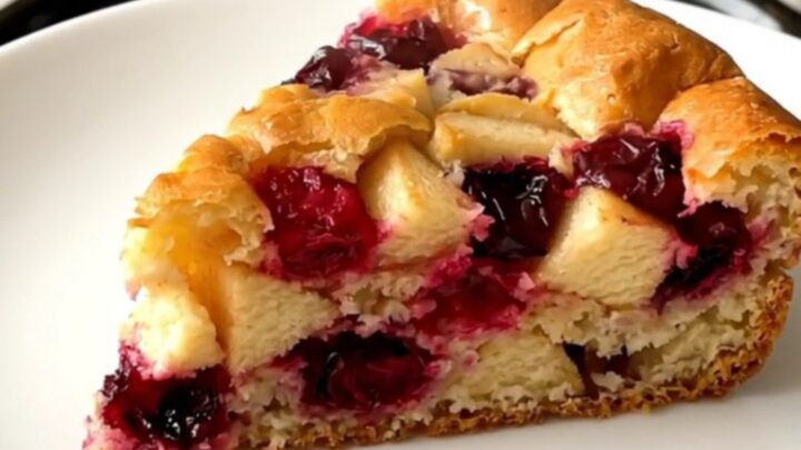 Clafoutis aux pommes et cerises amarena dans une mijoteuse avec une texture fondante.