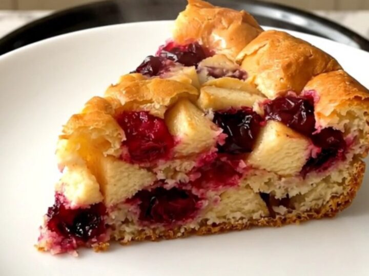 Clafoutis aux pommes et cerises amarena dans une mijoteuse avec une texture fondante.