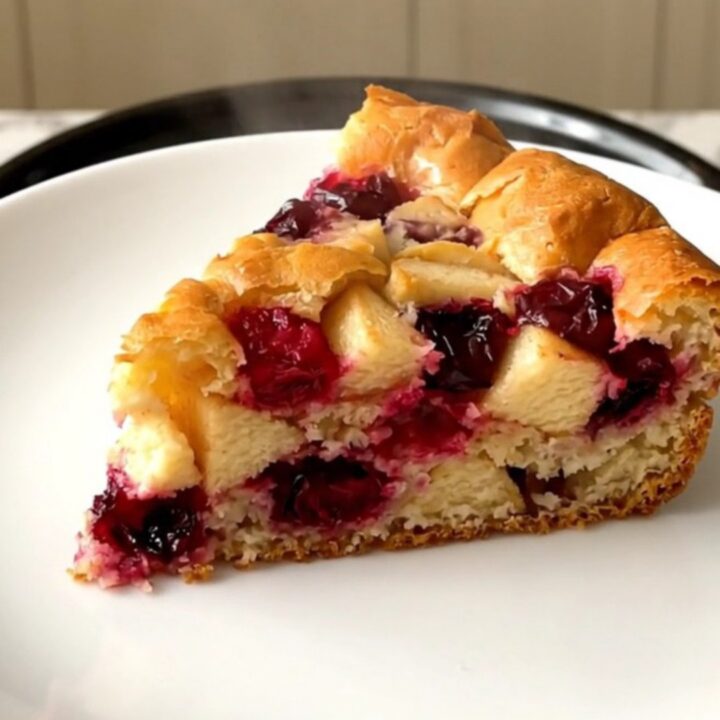 Clafoutis aux pommes et cerises amarena dans une mijoteuse avec une texture fondante.
