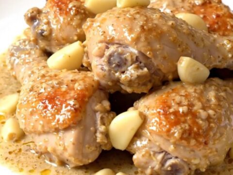 A top-down view of creamy garlic chicken in a slow cooker with visible garlic cloves and tarragon.