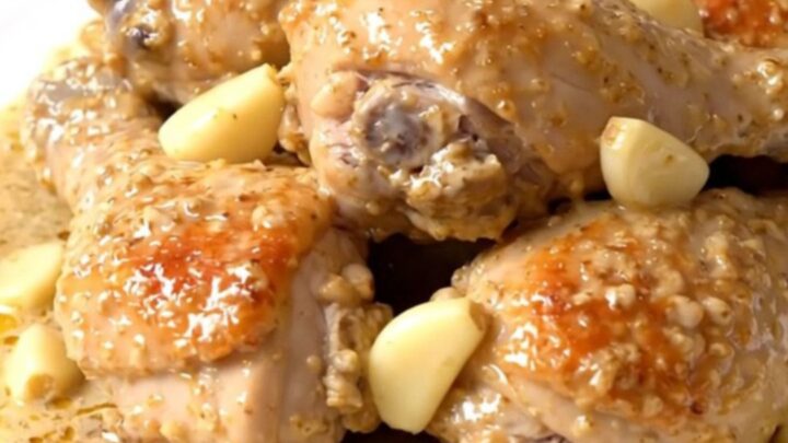A top-down view of creamy garlic chicken in a slow cooker with visible garlic cloves and tarragon.
