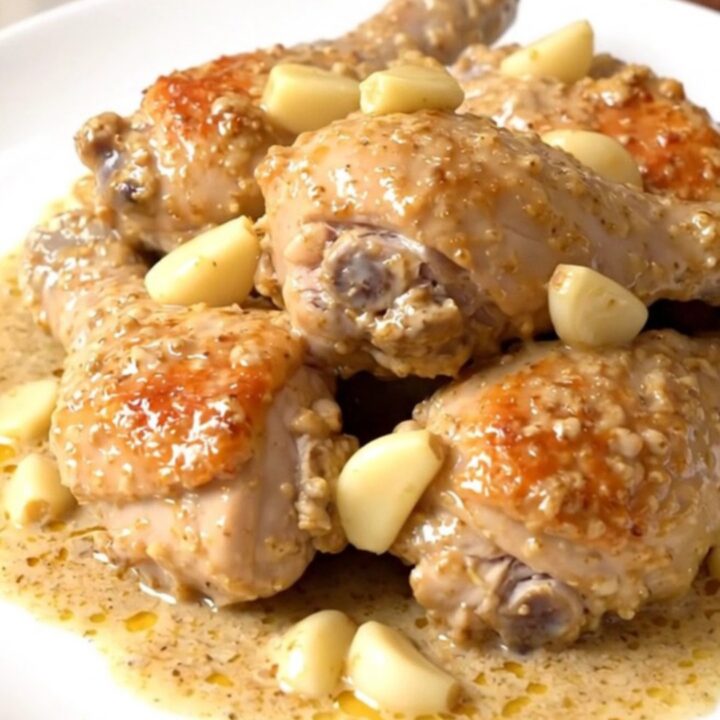 A top-down view of creamy garlic chicken in a slow cooker with visible garlic cloves and tarragon.
