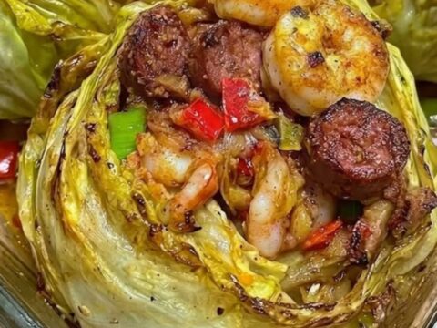 A glass baking dish containing roasted green cabbage wedges filled with seared shrimp and sausage.