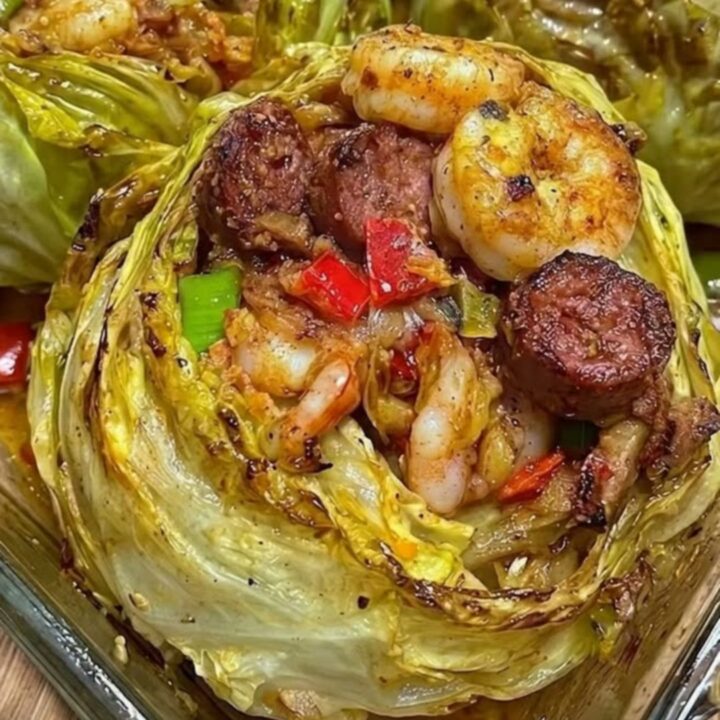 A glass baking dish containing roasted green cabbage wedges filled with seared shrimp and sausage.