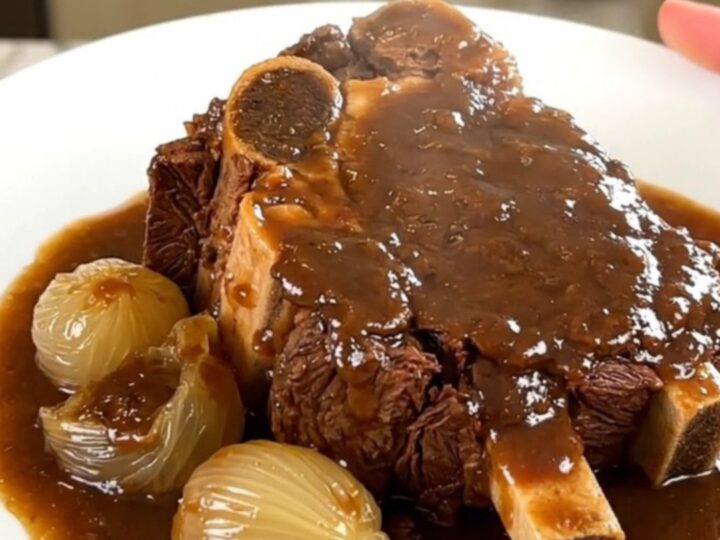A rustic, steaming plate of slow-cooked beef chuck with pearl onions and bacon in a rich, dark sauce.