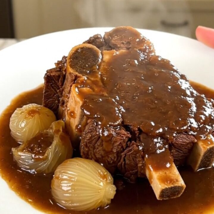 A rustic, steaming plate of slow-cooked beef chuck with pearl onions and bacon in a rich, dark sauce.