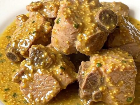 A close-up of a steaming bowl of mustard and tarragon pork stew with mushrooms.