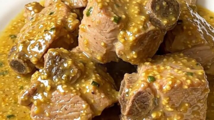A close-up of a steaming bowl of mustard and tarragon pork stew with mushrooms.