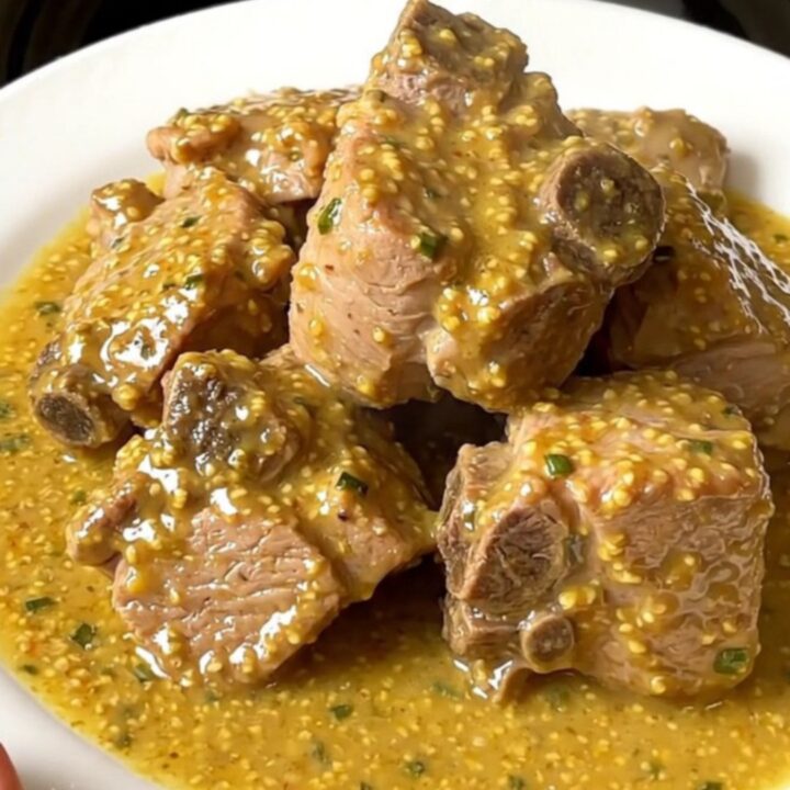 A close-up of a steaming bowl of mustard and tarragon pork stew with mushrooms.