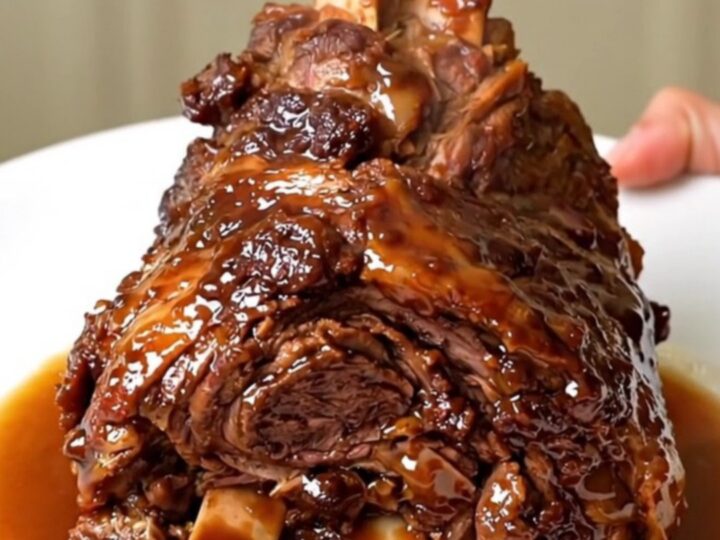 A slow cooker filled with a tender, spiced lamb shoulder and red onions on a white quartz countertop.