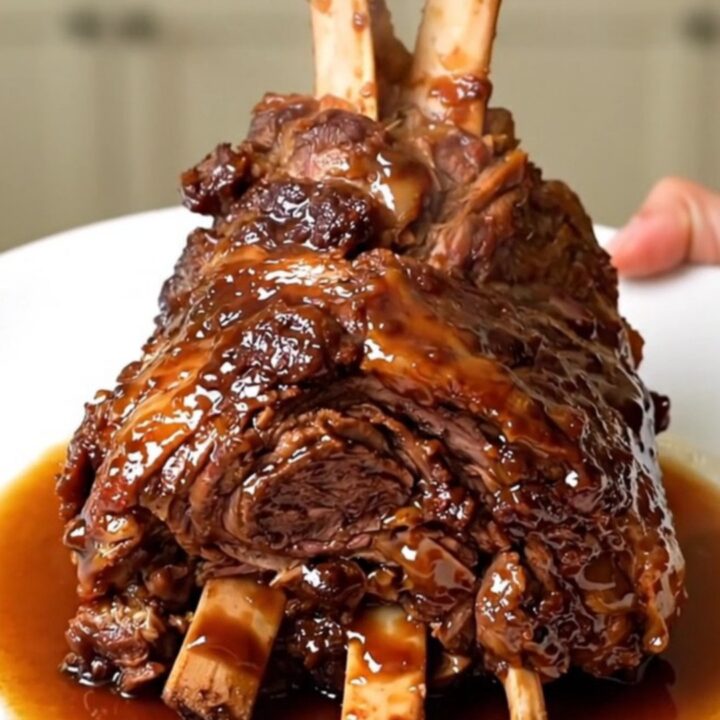 A slow cooker filled with a tender, spiced lamb shoulder and red onions on a white quartz countertop.