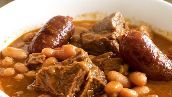 A rustic slow cooker cassoulet served in a white bowl showing chunks of tender pork and sausages.