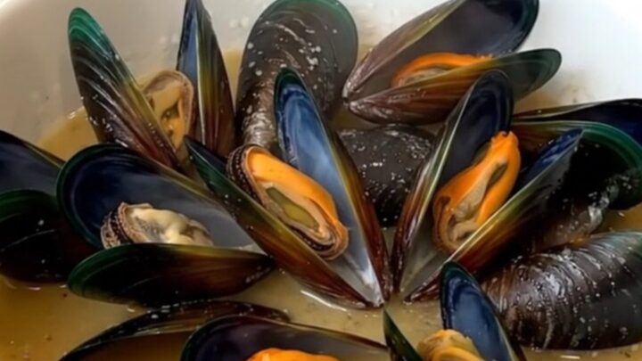 A slow cooker filled with steaming mussels, leeks, and a savory blonde beer broth on a white quartz countertop.