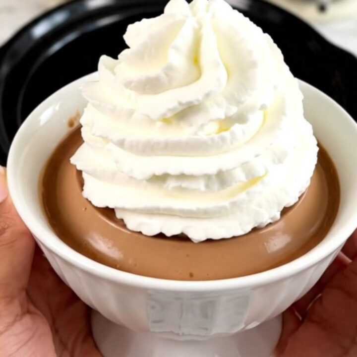A glossy coffee crème liégeoise served in a white bowl with a generous swirl of whipped cream on top.