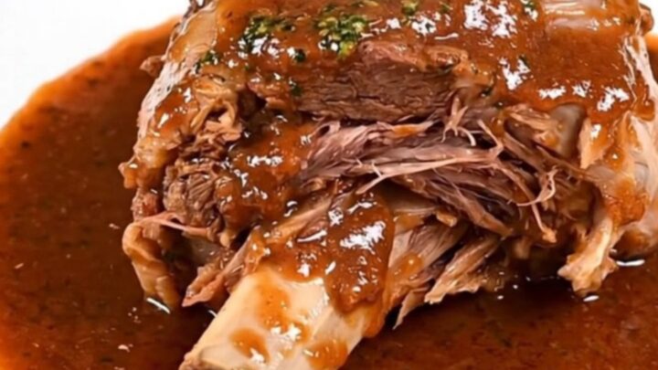 A close-up shot of a tender veal osso buco shank served on a white plate with a rich red wine sauce and vegetables.