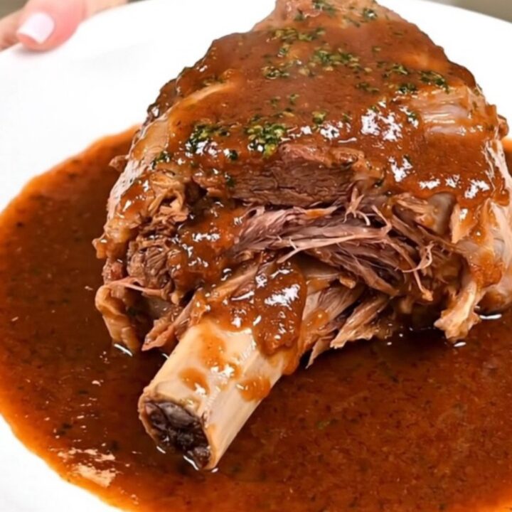 A close-up shot of a tender veal osso buco shank served on a white plate with a rich red wine sauce and vegetables.