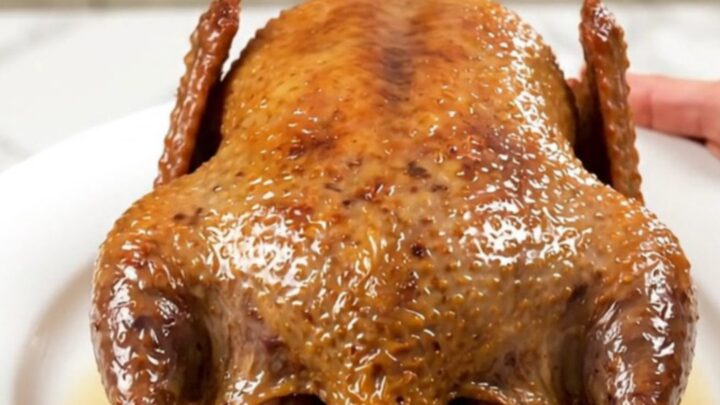 A whole, golden-roasted guinea fowl resting on a white plate with fresh thyme and caramelized garlic.