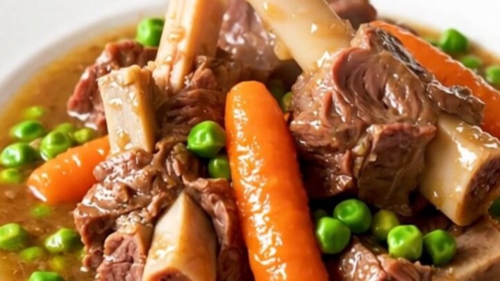 A bowl of slow-cooked lamb navarin featuring tender chunks of meat, carrots, and peas in a rich sauce.