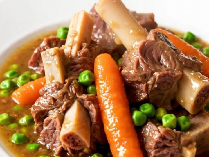 A bowl of slow-cooked lamb navarin featuring tender chunks of meat, carrots, and peas in a rich sauce.