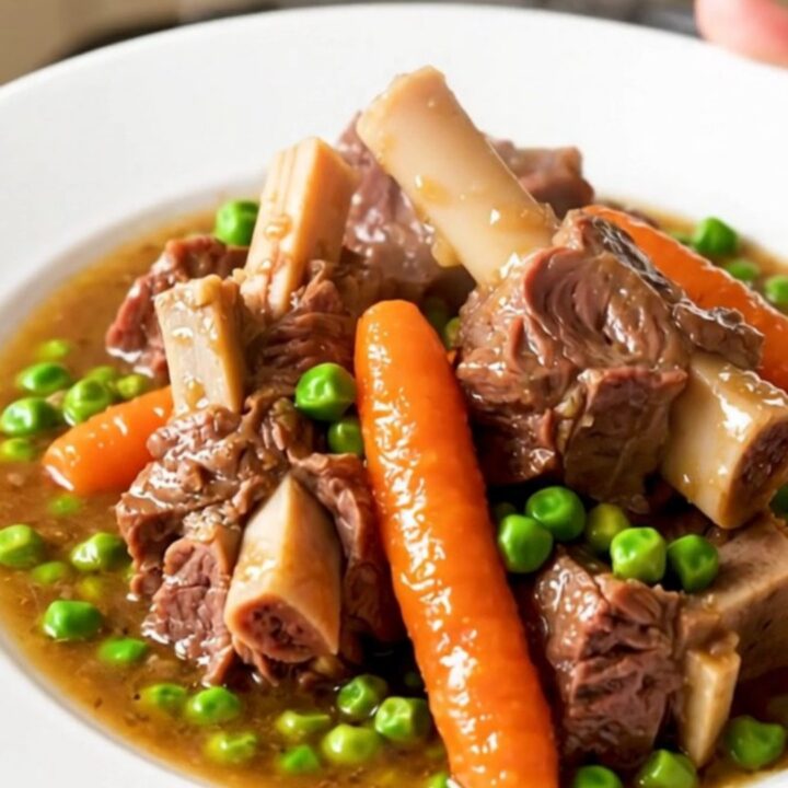 A bowl of slow-cooked lamb navarin featuring tender chunks of meat, carrots, and peas in a rich sauce.