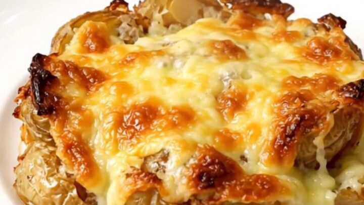 A close-up of a creamy potato gratin with melted Fourme d'Ambert cheese and bacon lardons in a slow cooker.
