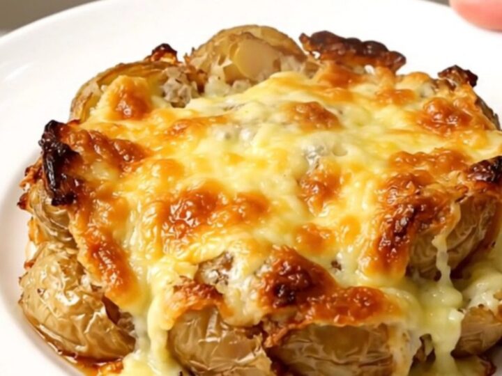 A close-up of a creamy potato gratin with melted Fourme d'Ambert cheese and bacon lardons in a slow cooker.