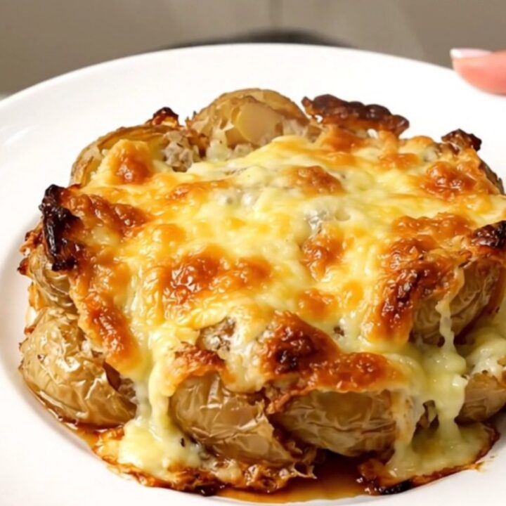 A close-up of a creamy potato gratin with melted Fourme d'Ambert cheese and bacon lardons in a slow cooker.