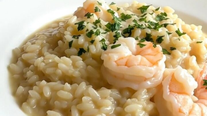 A top-down view of a black slow cooker filled with creamy seafood risotto on a quartz countertop.