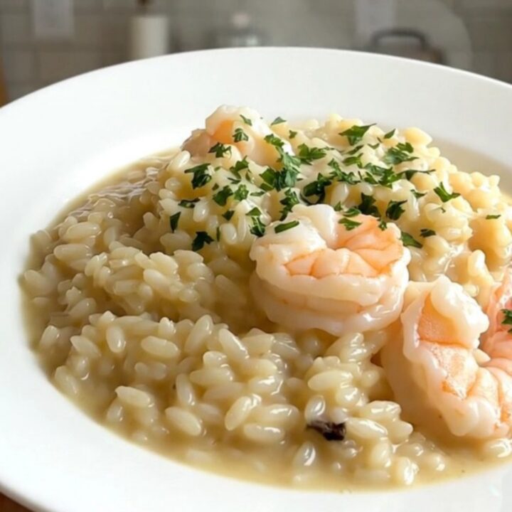 A top-down view of a black slow cooker filled with creamy seafood risotto on a quartz countertop.