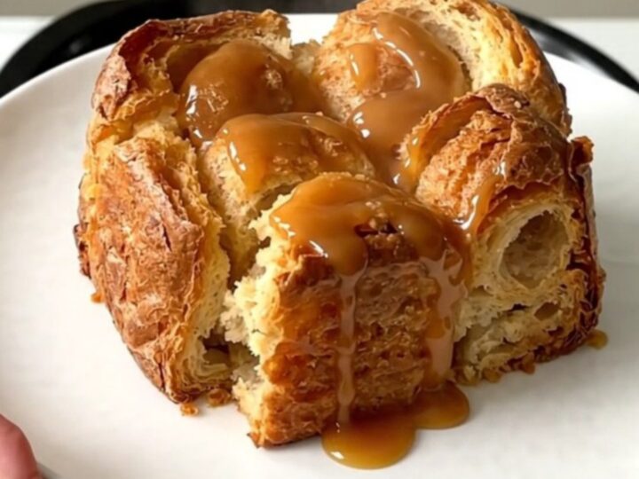 A warm, golden bread pudding in a slow cooker, topped with tender apple slices and a drizzle of salted butter caramel.