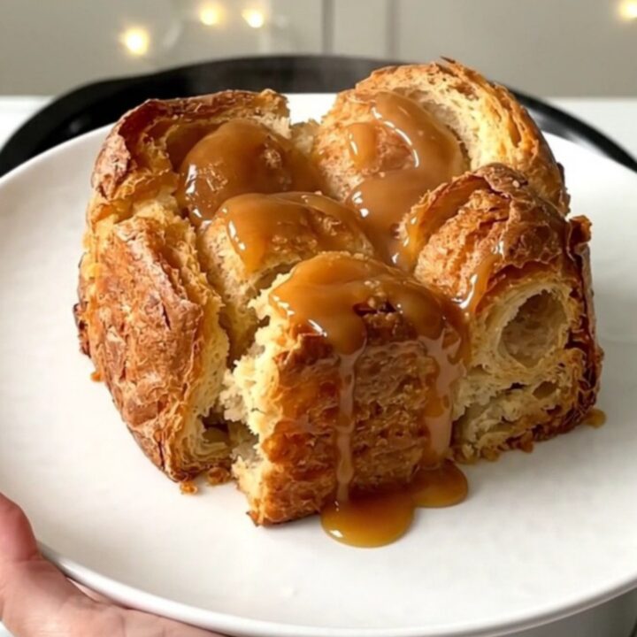 A warm, golden bread pudding in a slow cooker, topped with tender apple slices and a drizzle of salted butter caramel.