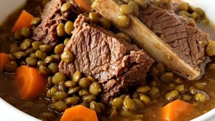 A steaming bowl of beef shank and lentil stew with visible carrot slices and herbs on a wooden table.