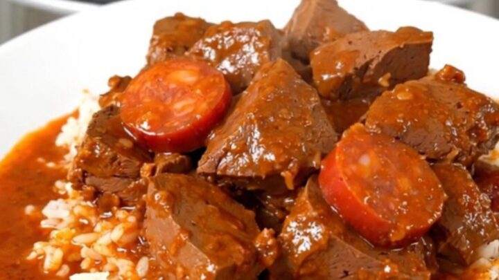A hearty bowl of veal and chorizo stew served over white rice on a clean, white plate.
