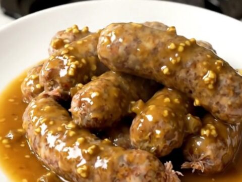 A top-down view of raw andouillettes, sliced onions, diced apples, and mustard in a slow cooker.