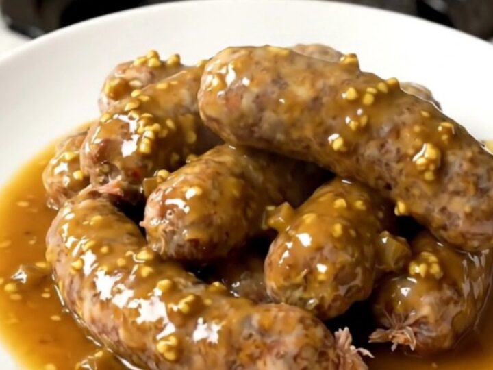 A top-down view of raw andouillettes, sliced onions, diced apples, and mustard in a slow cooker.