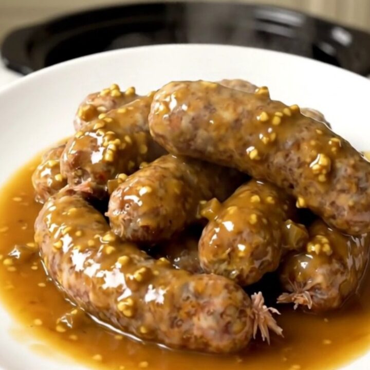 A top-down view of raw andouillettes, sliced onions, diced apples, and mustard in a slow cooker.