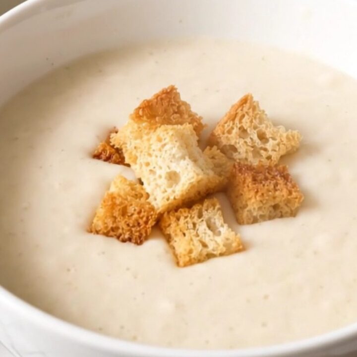 A white bowl filled with creamy white cauliflower velouté, garnished with golden croutons.