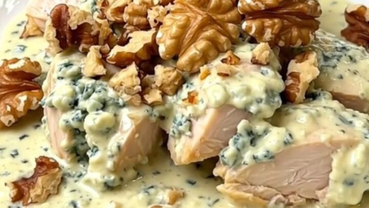 A top-down view of a slow cooker filled with raw chicken breasts, crumbled Roquefort, and crème fraîche.