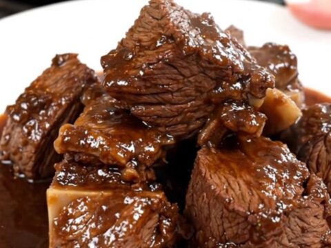 A rustic Provençal beef stew served in a white bowl, showcasing tender meat and carrots in a dark, glossy red wine sauce.