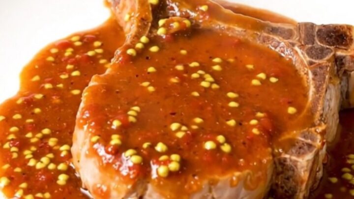 A steaming, tender pork chop coated in a rich, glossy charcutière sauce on a white plate.