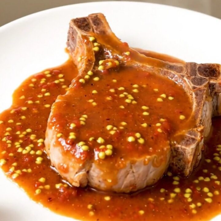 A steaming, tender pork chop coated in a rich, glossy charcutière sauce on a white plate.