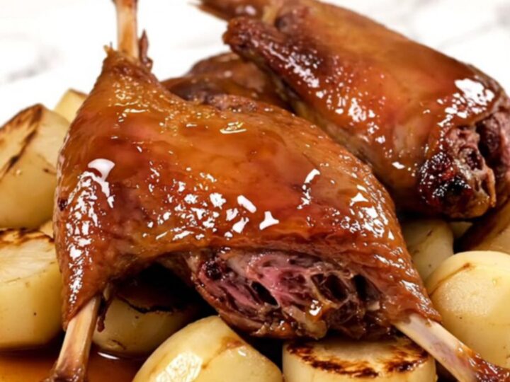 A slow cooker filled with raw duck legs and quartered turnips ready for cooking on a quartz countertop.